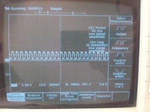 Screenshot of oscilloscope showing max frequency of GPIO transfer